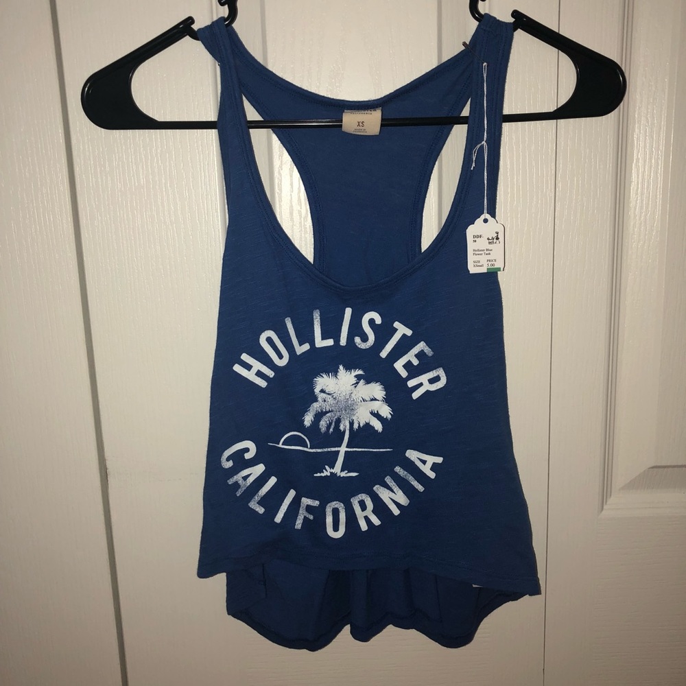 xs blue and white hollister graphic crop tank